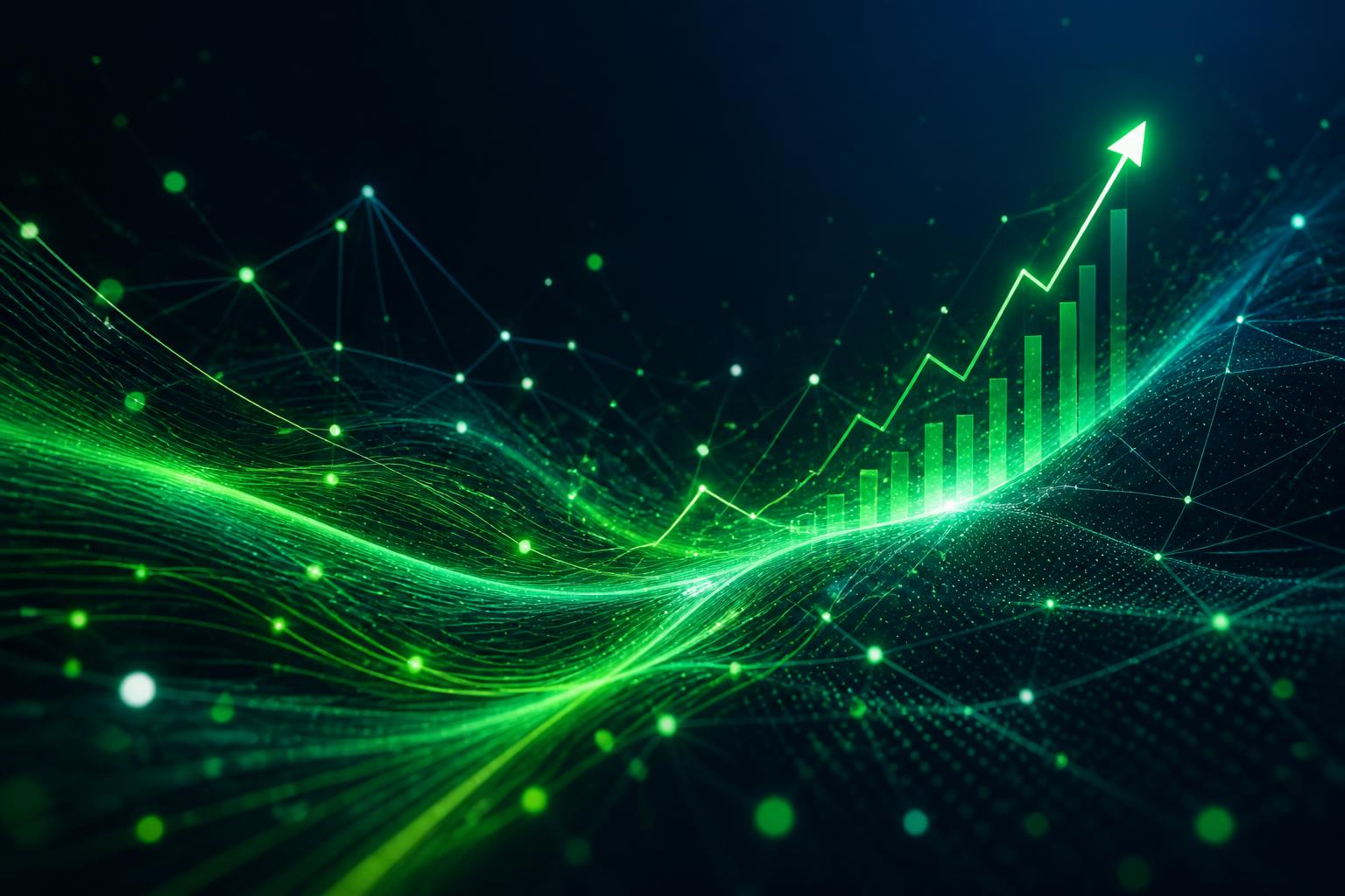 Marketing growth visualization with rising charts and glowing green data streams